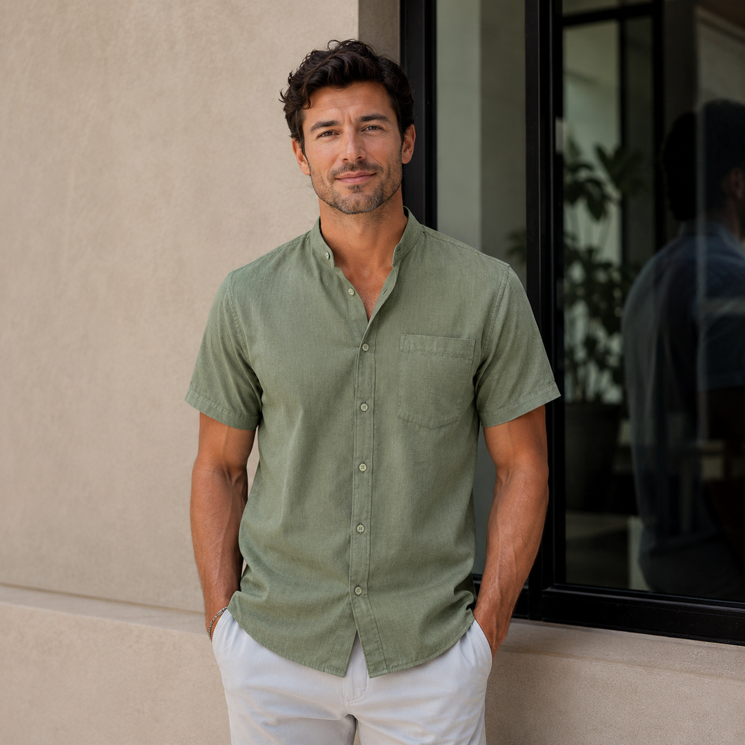 SUMMER LINEN | STAND COLLAR SHORT SLEEVE