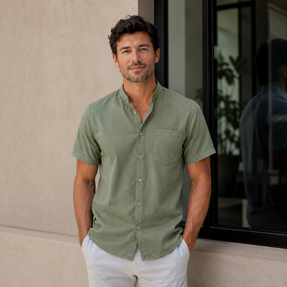 SUMMER LINEN | STAND COLLAR SHORT SLEEVE
