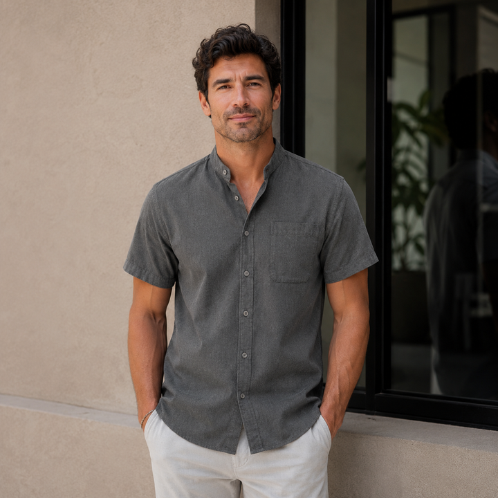 SUMMER LINEN | STAND COLLAR SHORT SLEEVE