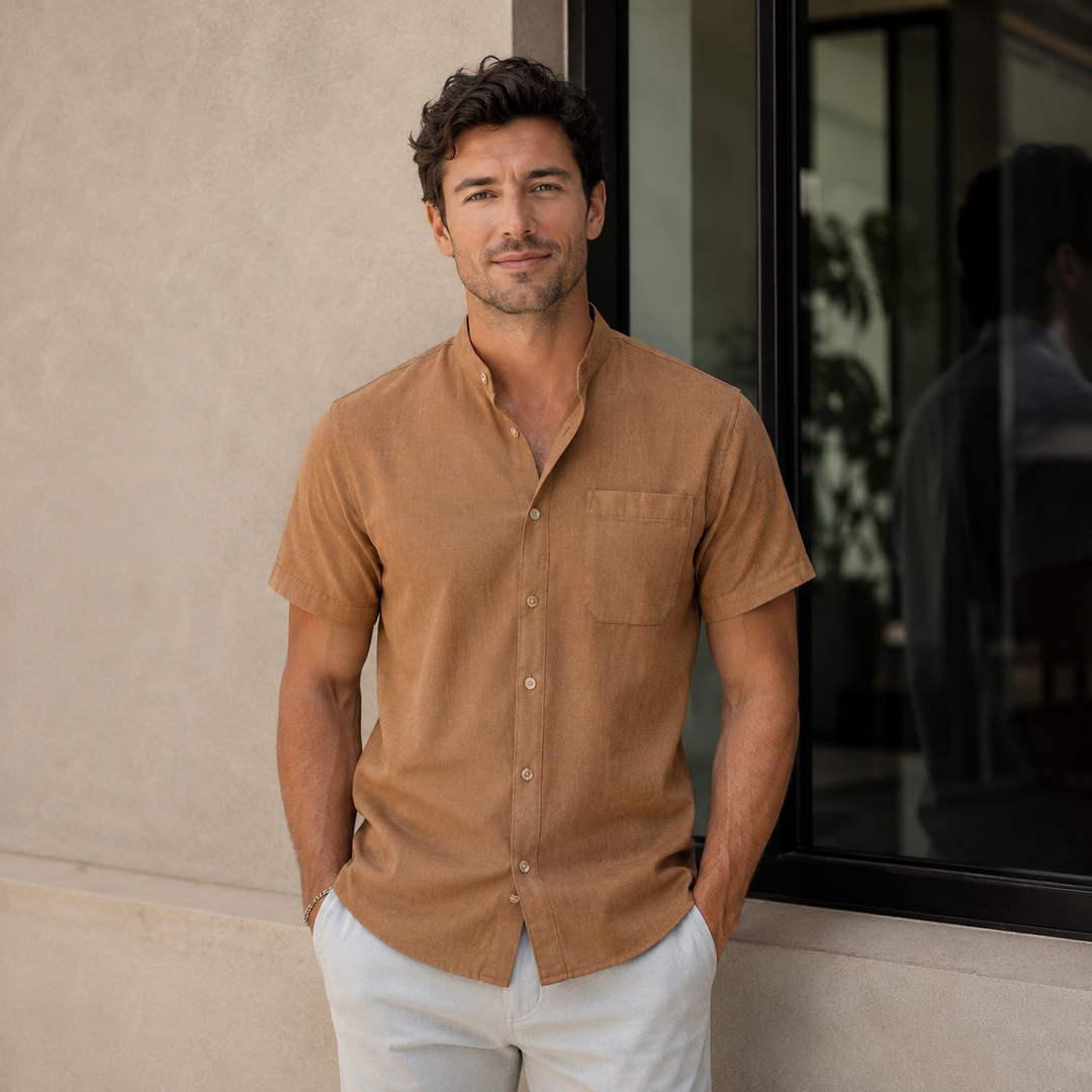 SUMMER LINEN | STAND COLLAR SHORT SLEEVE