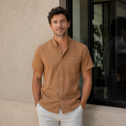 SUMMER LINEN | STAND COLLAR SHORT SLEEVE