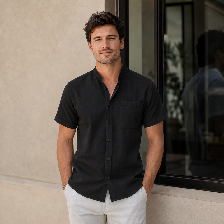 SUMMER LINEN | STAND COLLAR SHORT SLEEVE