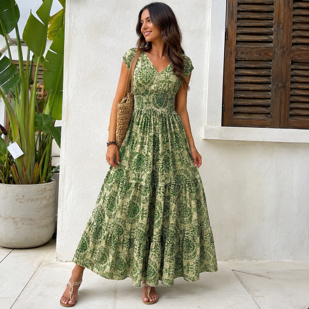 RETRO FLORAL | V-NECK SHORT-SLEEVE MAXI
