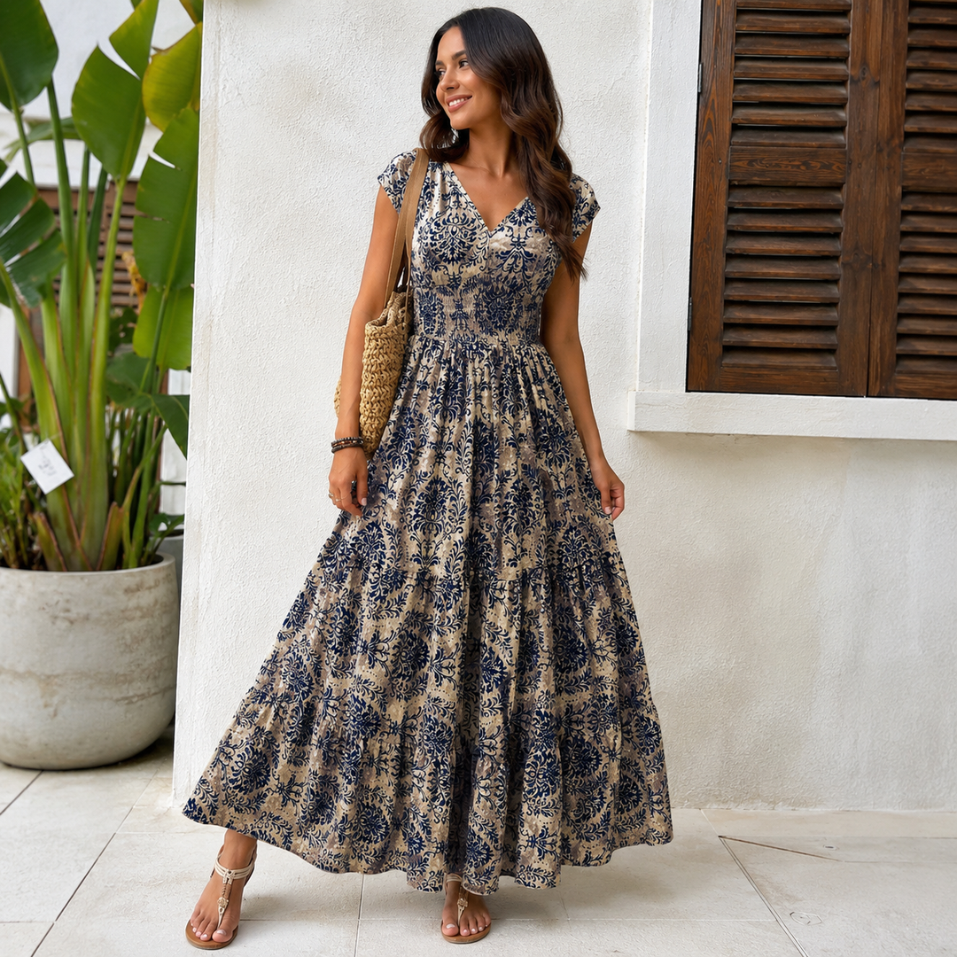 RETRO FLORAL | V-NECK SHORT-SLEEVE MAXI